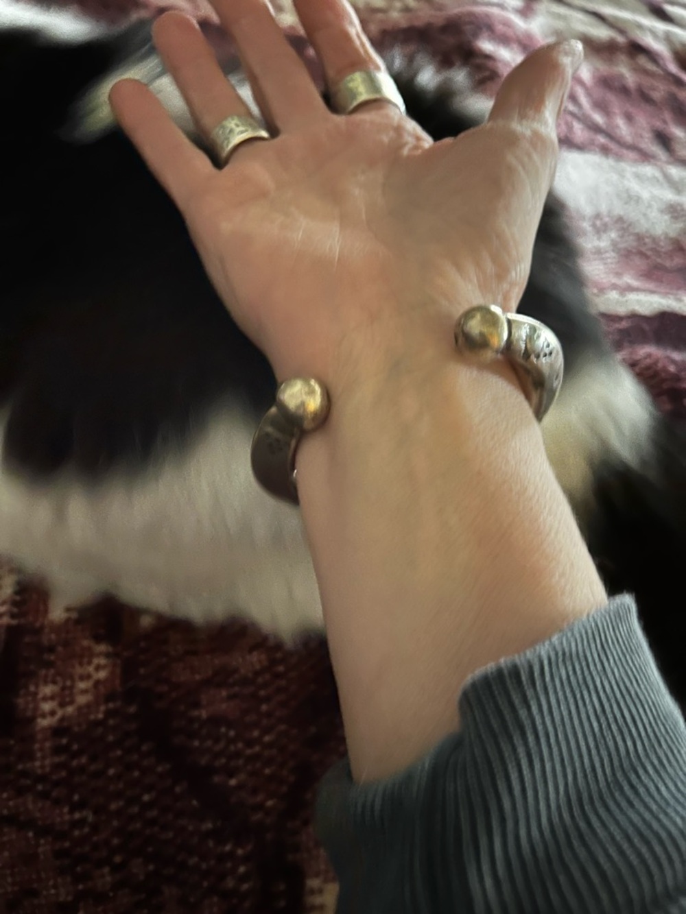 Vintage tribal silver handmade bracelet features etched geometric designs. - Picture 3 of 9